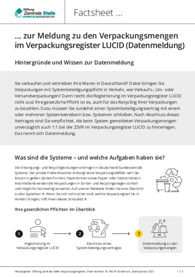 Beim Anklicken öffnet sich die PDF Factsheet zur Meldung zu den Verpackungsmengen im Verpackungsregister LUCID (Datenmeldung) in einem neuen Fenster.