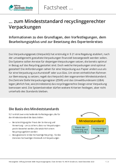 Beim Anklicken öffnet sich die PDF Factsheet zum Mindeststandard recyclinggerechter Verpackungen in einem neuen Fenster.