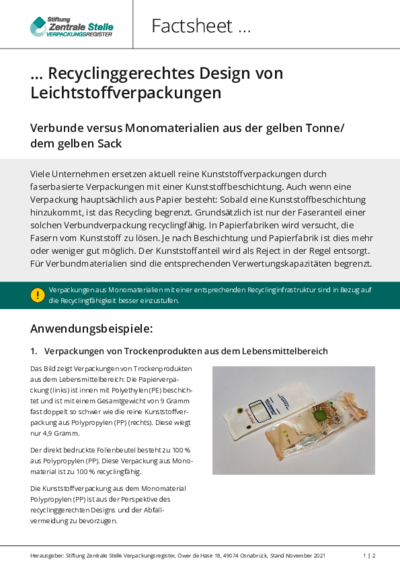 Beim Anklicken öffnet sich die PDF Factsheet zum recyclinggerechten Verpackungsdesign von Leichtstoffverpackungen in einem neuen Fenster.