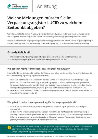 Beim Anklicken öffnet sich die PDF Anleitung: Welche Meldungen müssen Sie im Verpackungsregister LUCID zu welchem Zeitpunkt abgeben? in einem neuen Fenster.