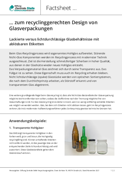 Beim Anklicken öffnet sich die PDF Factsheet zum recyclinggerechten Verpackungsdesign von Glasverpackungen in einem neuen Fenster.