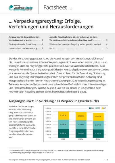 Beim Anklicken öffnet sich die PDF Factsheet zum Verpackungsrecycling: Erfolge, Verfehlungen und Herausforderungen in einem neuen Fenster.